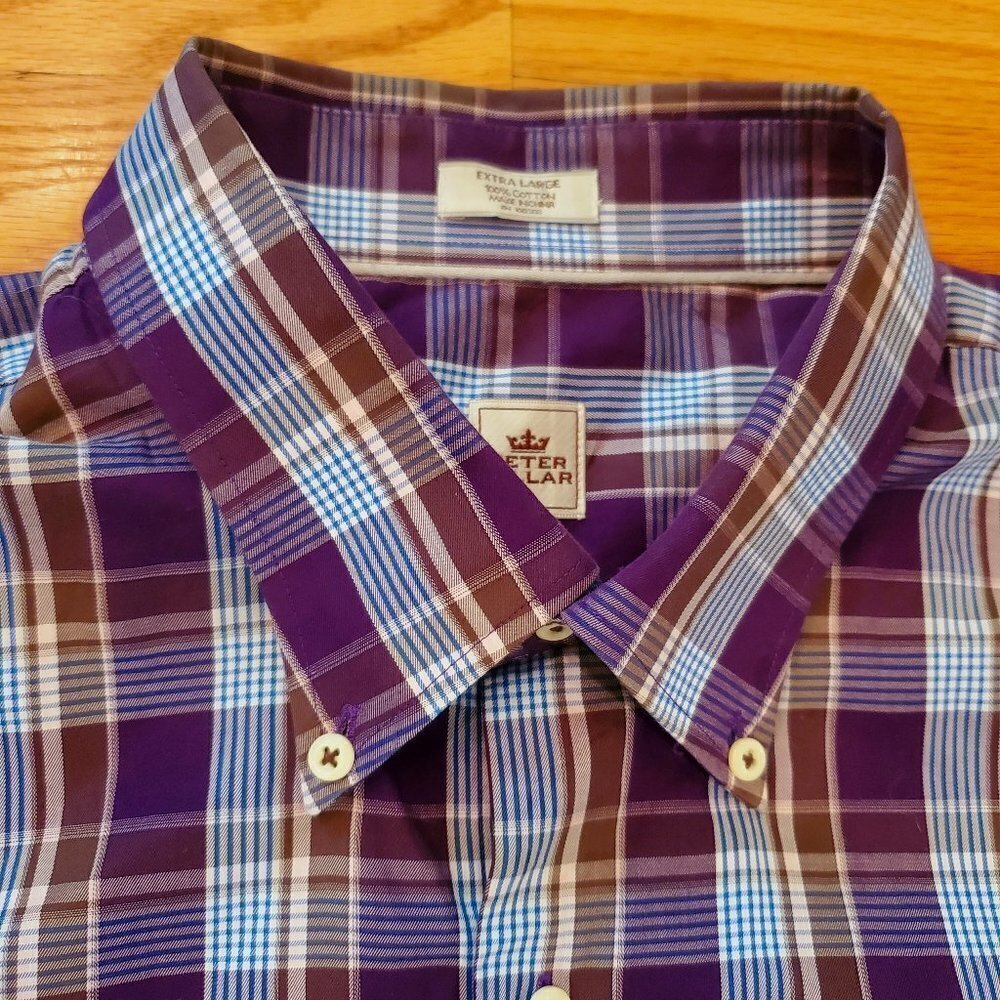 Peter Millar 100% Cotton Button down shirt Purple Shadow Plaid Sz XL
